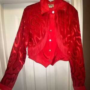 Small adult red country western long sleeve top with fringe